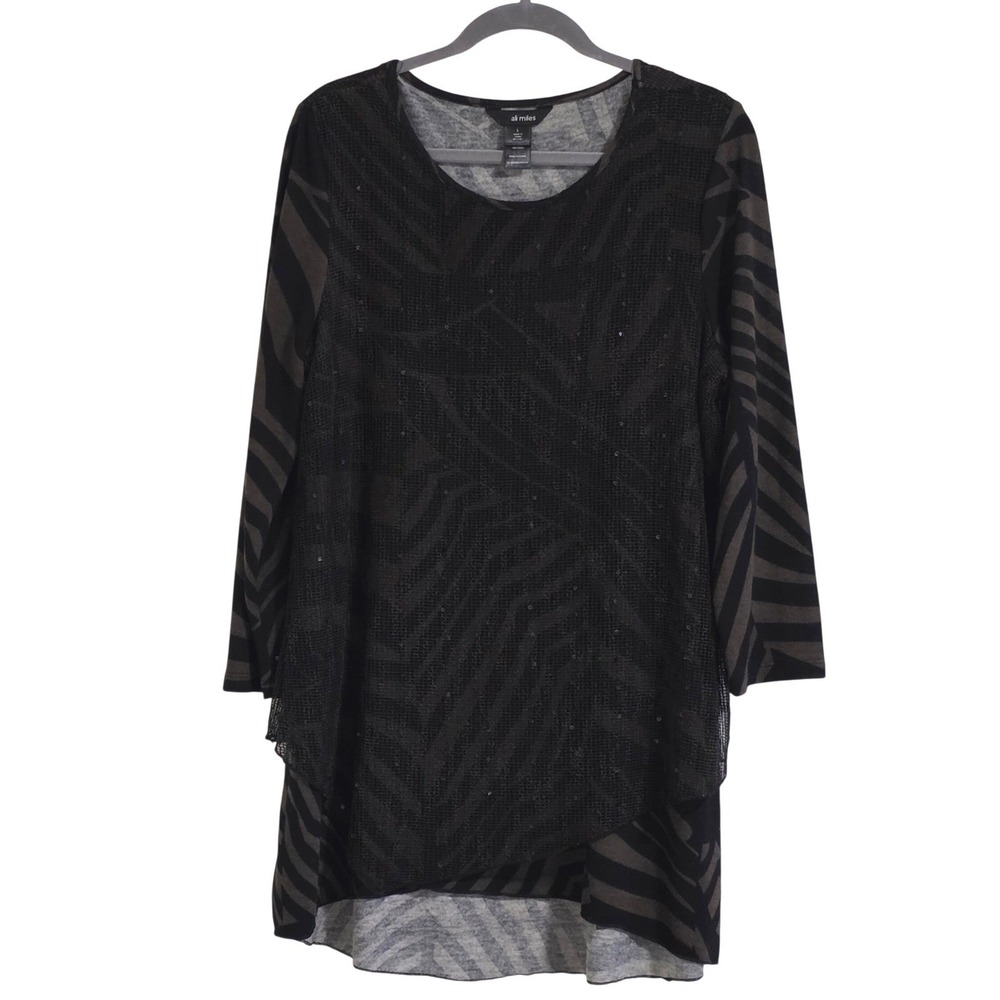 Ali Miles Women's Large Brown Black Zebra Print Sequin Overlay Tunic Top READ